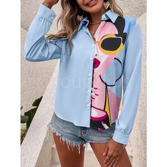 Abstract Pop Art Face Print Blue Button Down Shirt Long Sleeve - Picture 3 of 8